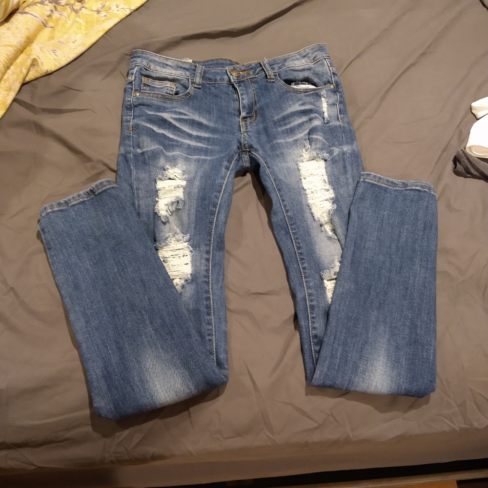 Machine Distressed Style Denim Jeans - Picture 2 of 6